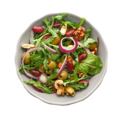 Bowl with delicious vegetable salad on white background
