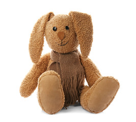 Cute toy bunny on white background