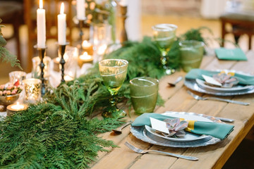 romance, wedding, interior concept. carefully served table for couple of lovers, it is decorated with fresh conifers branches, dishes with small plants on them and napkins and burning candles
