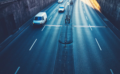 High-angle view of a road with cars in motion