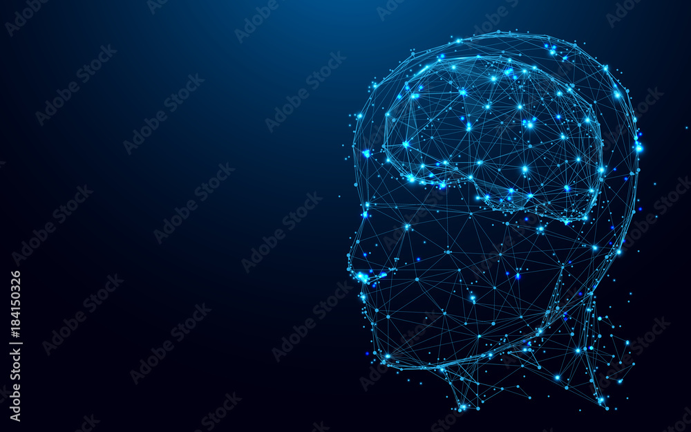 Fototapete abstract head and brain from lines and triangles, point connecting network on blue background. illus