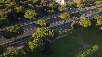 Fototapeta na wymiar Vista aerea di un tratto della via Cristoforo Colombo a Roma, in Italia. Ci sono delle macchine su entrambe le corsie di marcia.