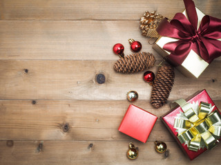 Christmas decorations, giftbox wooden background. Empty space for designer text.top view composition.