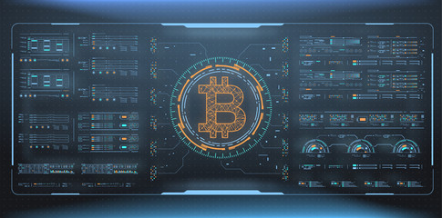 Obraz premium Bitcoin technology abstract visualization. Futuristic aesthetic design. Bitcoin background with HUD elements. Futuristic user interface ellements for web an app.