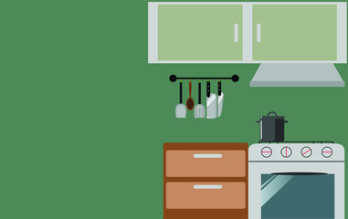 Kitchen shelves background with cooking tools and utensils illustration vector