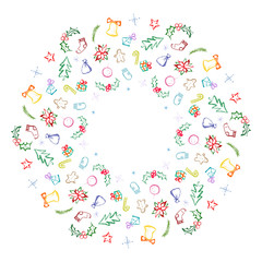 Wreath with winter holidays symbols marker scribble drawing.