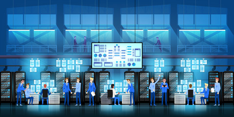 IT engineers in big data center work on new technology government project with server rooms and computers.