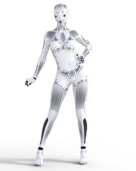 Robot woman. White metal droid. Artificial Intelligence. Conceptual fashion art. Realistic 3D render illustration. Studio, isolate, high key.