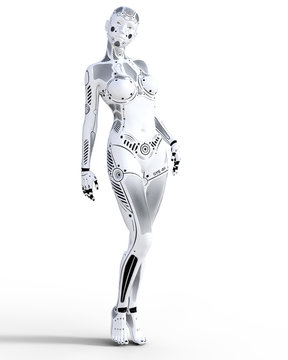 Robot woman. White metal droid. Artificial Intelligence. Conceptual fashion art. Realistic 3D render illustration. Studio, isolate, high key.