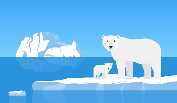 Polar Bear With Cub On Drift Ice.arctic  Landscape