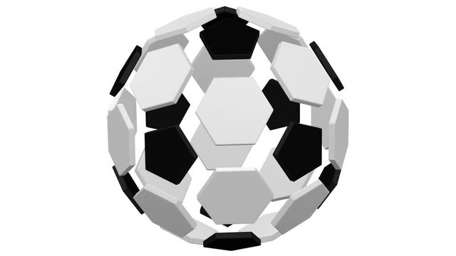 Flat white hexagonal and black pentagonal plates as soccer ball shape turn around. Loopable. Luma matte. 3D rendering.