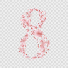 Eight March number in Sakura petals invitation card object. EPS 10 vector