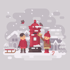 Two cute little children sending a letter to Santa Claus. Smiling boy with sled, girl putting envelop into old vintage red postbox in a snowy winter village. Christmas greeting card flat illustration