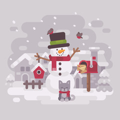 Happy snowman in a hat and scarf with a cute kitten standing near a mailbox with letters to Santa Claus holding a birdhouse in a snowy winter village. Christmas greeting card flat illustration