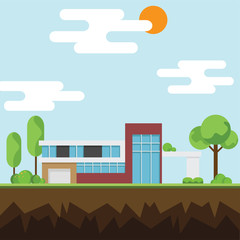 A modern houses with tree and clouds and along the roads, Modern building and architecture along the roads, Flat home vector illustration.