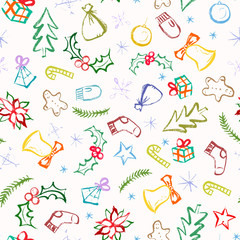 Obraz premium Winter holidays seamless pattern with marker scribble colorful elements.