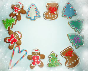 christmas cookies gingerbread and decoration on wooden background