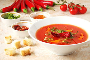 tomato soup with chilli peppers, sweet peppers, garlic, herbs and spices with toast