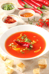 tomato soup with chilli peppers, sweet peppers, garlic, herbs and spices with toast