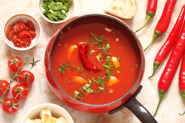 tomato soup with chilli peppers, sweet peppers, garlic, herbs and spices with toast
