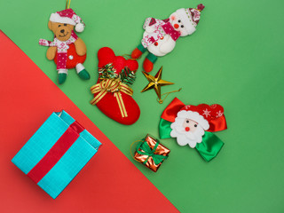 Christmas decoration background over bcolour background, above view with copy space for text .top view composition.