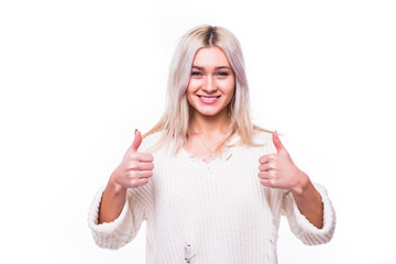 Attractive teenage girl showing thumbs up on white background.