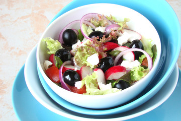 A salad of lettuce, olives, radishes, tomatoes, onions, cheese