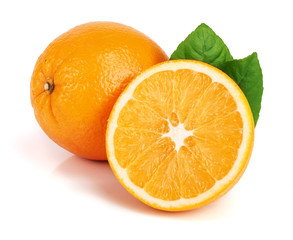 Orange with slice and leaf isolated on the white background