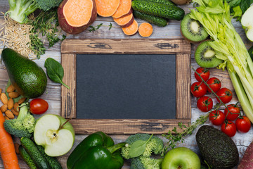 Assortment of alkaline food on wooden background