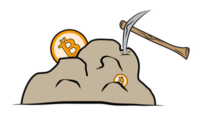 Bitcoin mining process using pickax on solid rock