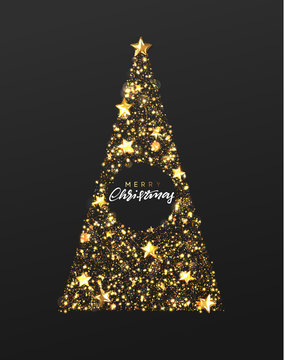 Christmas greeting card. Background Xmas tree made of stars and snine golden sparkle particles. Vector Happy New Year