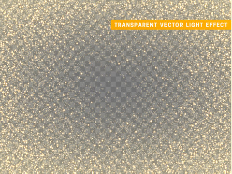 Gold glitter particles on transparent background. Golden glowing lights magic effects. Glow sparkles, vector illustration.