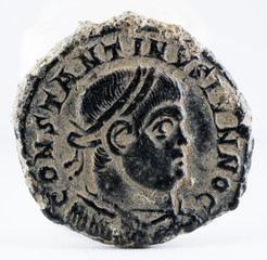 Ancient Roman copper coin of Emperor Constantine II. Obverse.