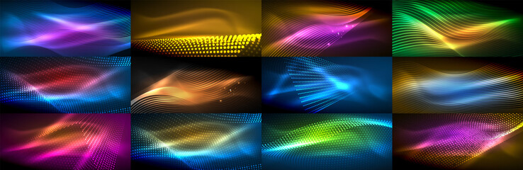 Set of glowing neon particles waves