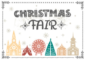 Vector lettering "Christmas Fair." Black letters with folk patterns and fairy-tale color winter city. For flyers, horizontal posters, invitations.