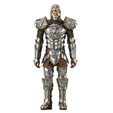 A lion full body armor suit isolated against white background. 3d illustration