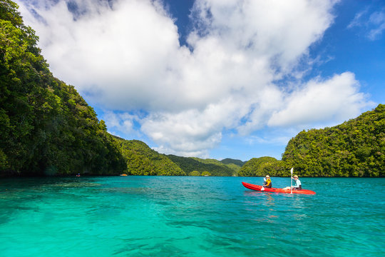 Family kayaking in ocean among jellyfish