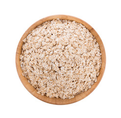 Oat flakes pile in bowl on white background
