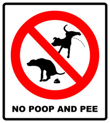 Warning forbidden sign no dog peeing and pooping. Vector illustration isolated on white. Red prohibition symbol for public places. No poop and pee dog icon