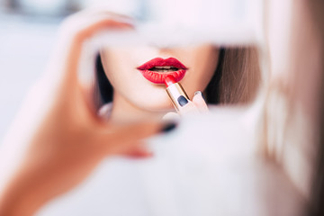 red lipstick makeup seductive sensual provocative sexy woman lips concept - Powered by Adobe