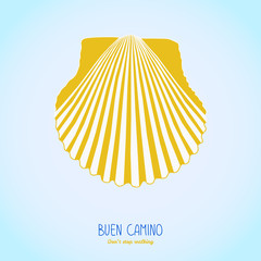 Yellow scallop shell. Symbol of the Camino de Santiago in Spain. Buen Camino! Don't stop walking. Poster or flyer. White background. Pilgrim's navigation sign.