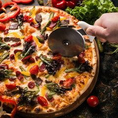 food photography art. pizza serving at restaurant. leisure concept