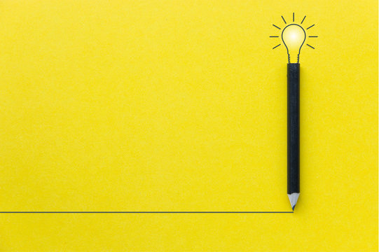 Black pencil on yellow backgroud with light bulb illustration line and copyspace for Inspiration and Creative concept