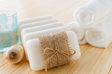 Fototapeta na wymiar Healthy lifestyle concept with aromatic soaps