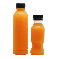 Bottles of fresh orange juice on white background, healthy drinking concept