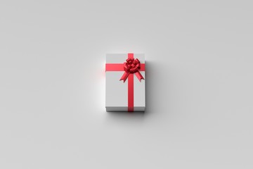 a gift box with red ribbon in a living room.Minimal style concept