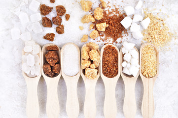 Mix of sugar varieties: unbleached, brown and white, refined and unrefined, granulated and cubes