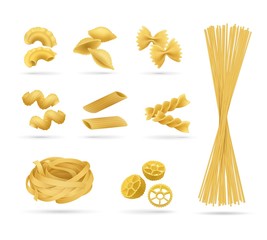 Pasta set, realistic style. Vector illustration of pasta different kinds. Italian cuisine, wheat flour products