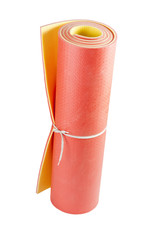 An orange rolled up fitness mat on white background.