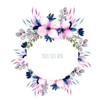 Watercolor wildflowers and branches frame in pink and blue shades, hand drawn isolated on a white background, Mother's day, birthday and other greeting cards 